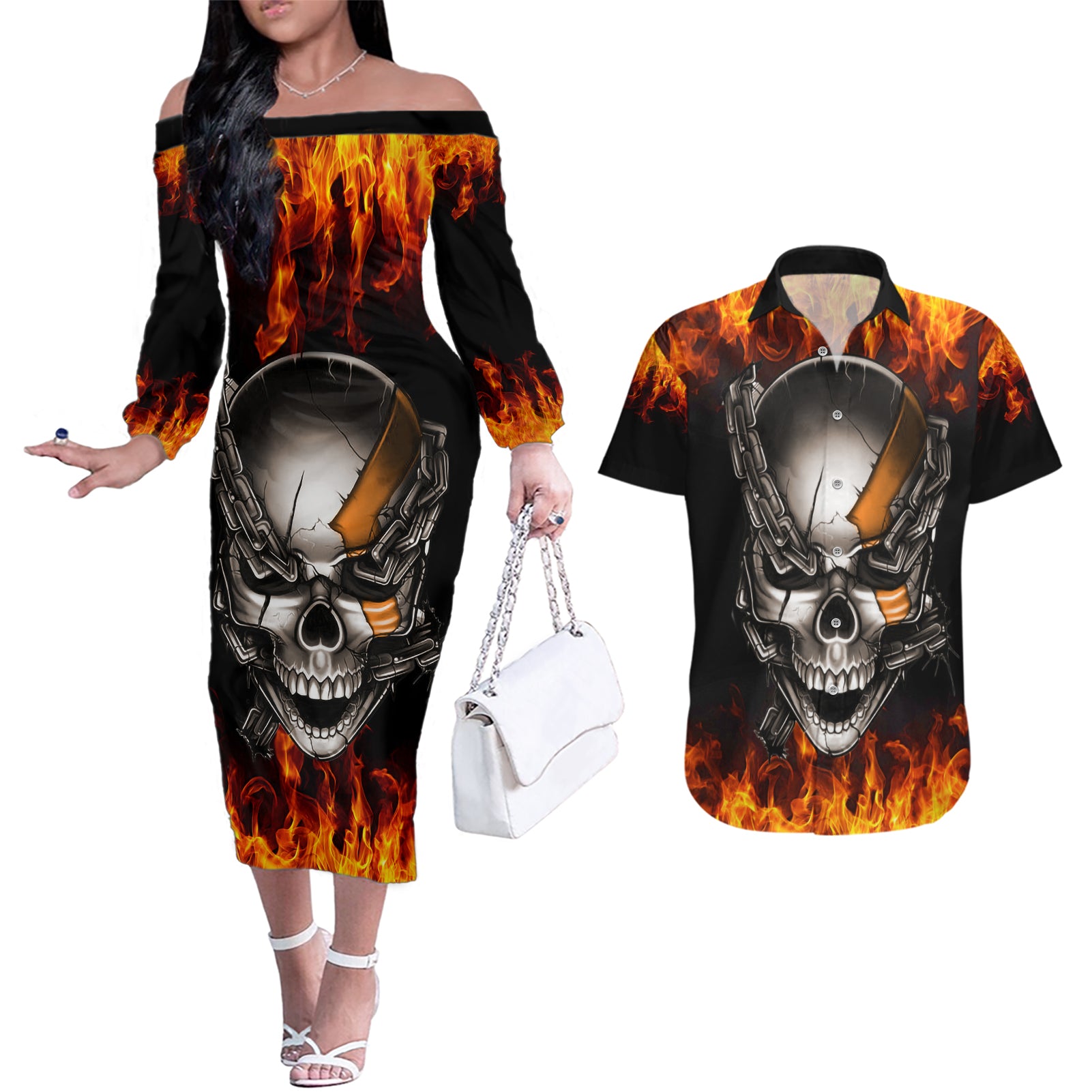 Metal Skull Couples Matching Off The Shoulder Long Sleeve Dress and Hawaiian Shirt Infernal Chains in Fiery Abyss - Wonder Print Shop