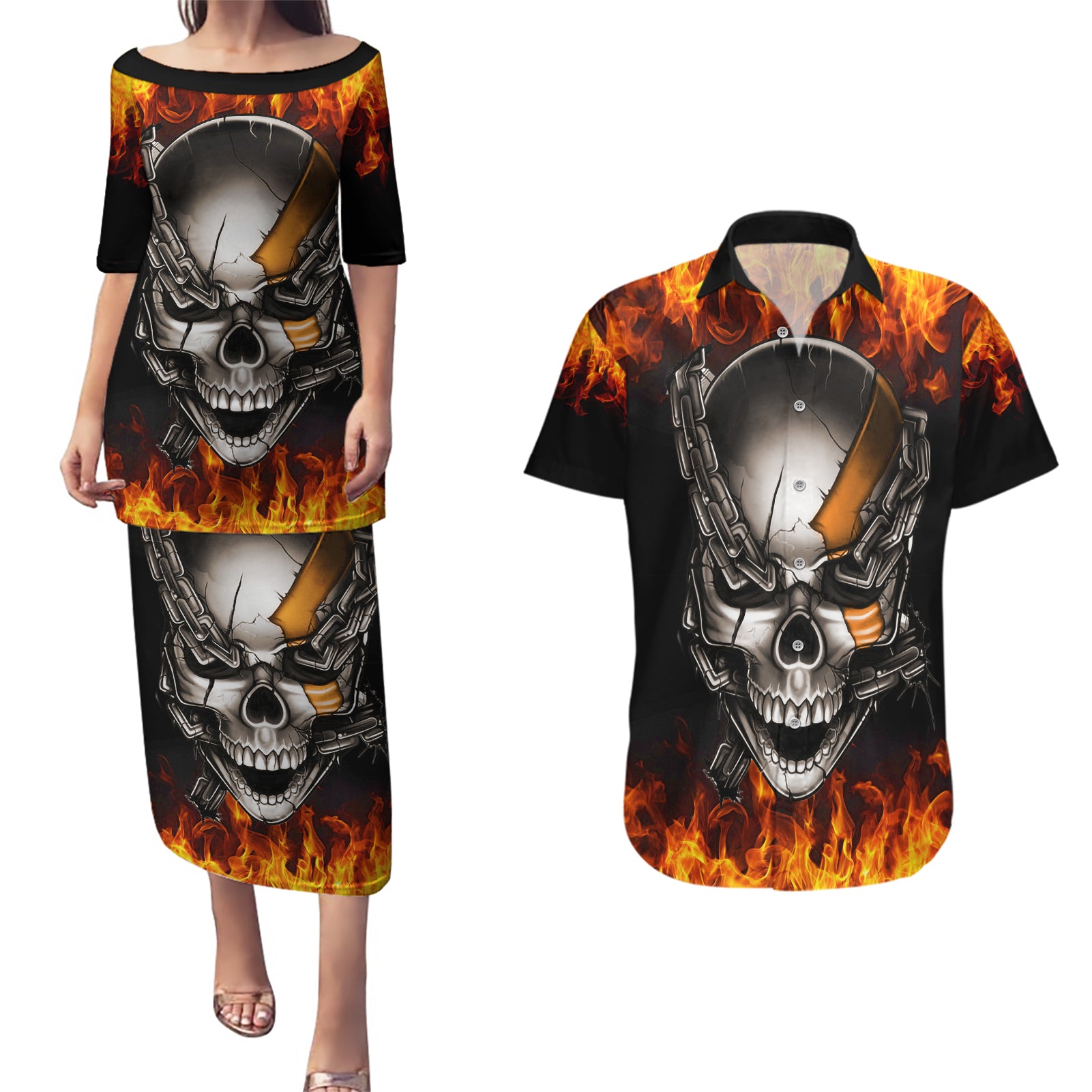 Metal Skull Couples Matching Puletasi Dress and Hawaiian Shirt Infernal Chains in Fiery Abyss - Wonder Print Shop