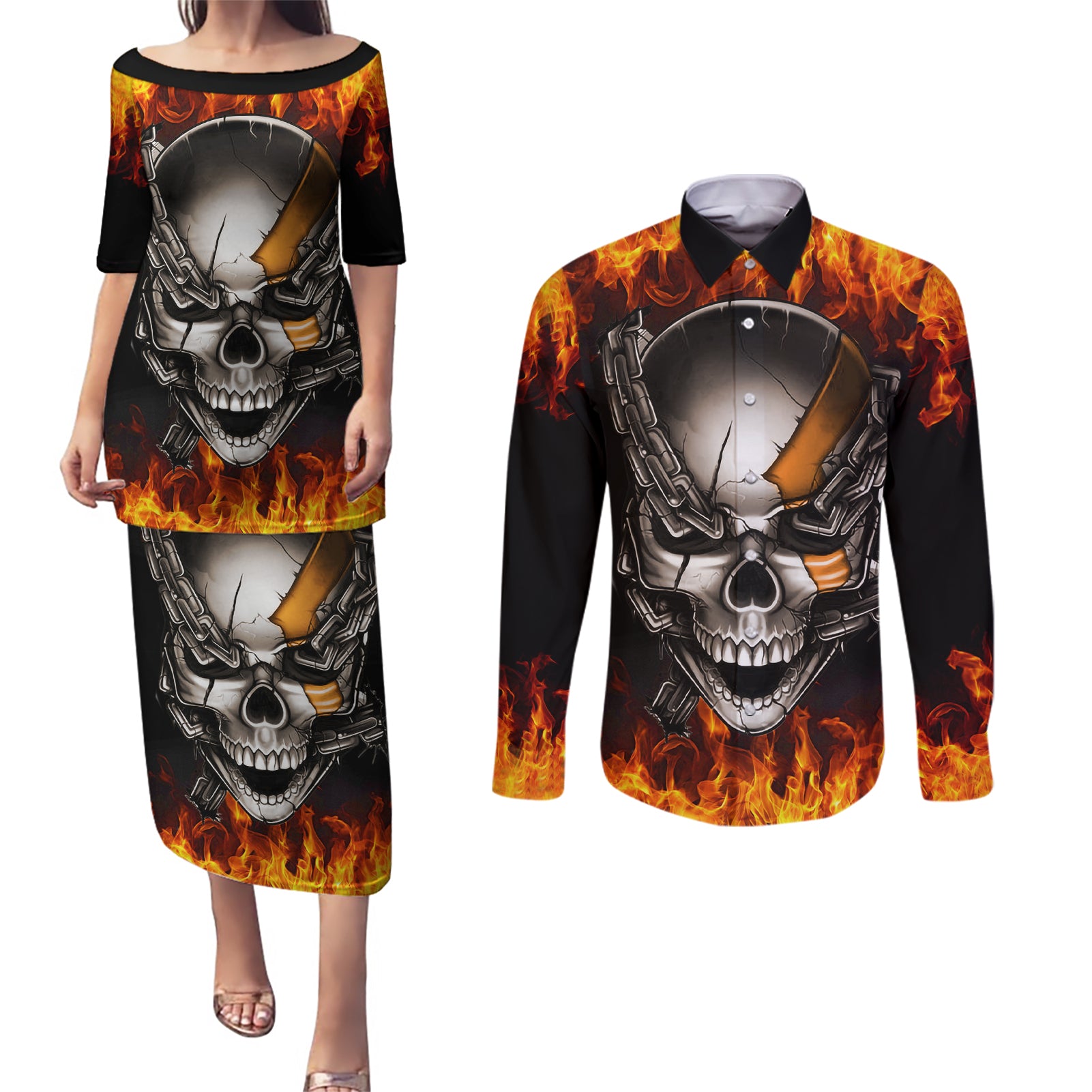 Metal Skull Couples Matching Puletasi Dress and Long Sleeve Button Shirts Infernal Chains in Fiery Abyss - Wonder Print Shop