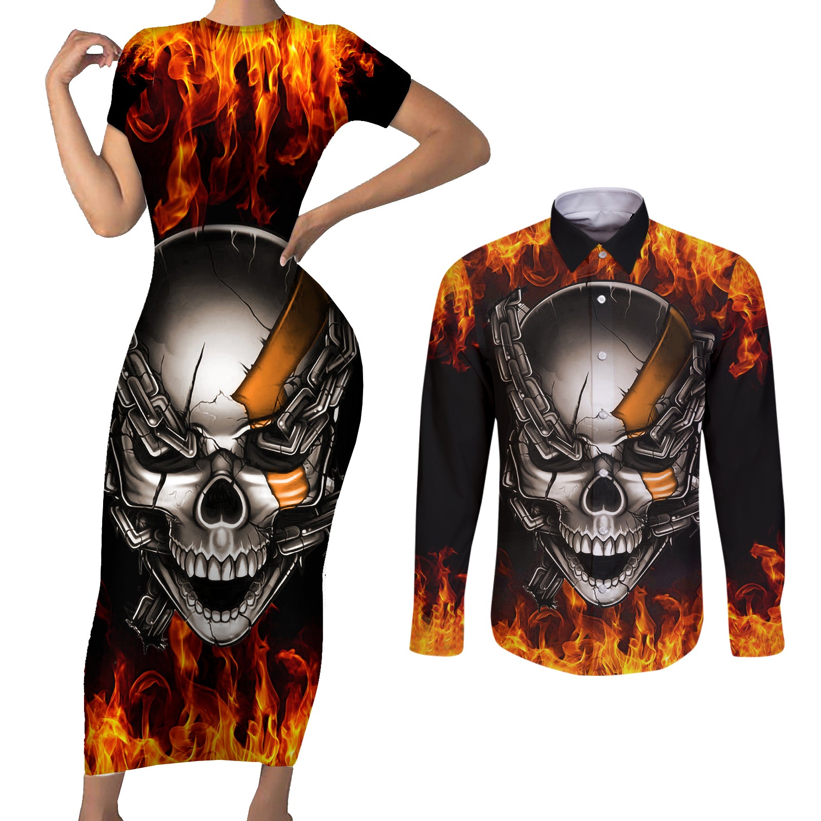 Metal Skull Couples Matching Short Sleeve Bodycon Dress and Long Sleeve Button Shirts Infernal Chains in Fiery Abyss - Wonder Print Shop