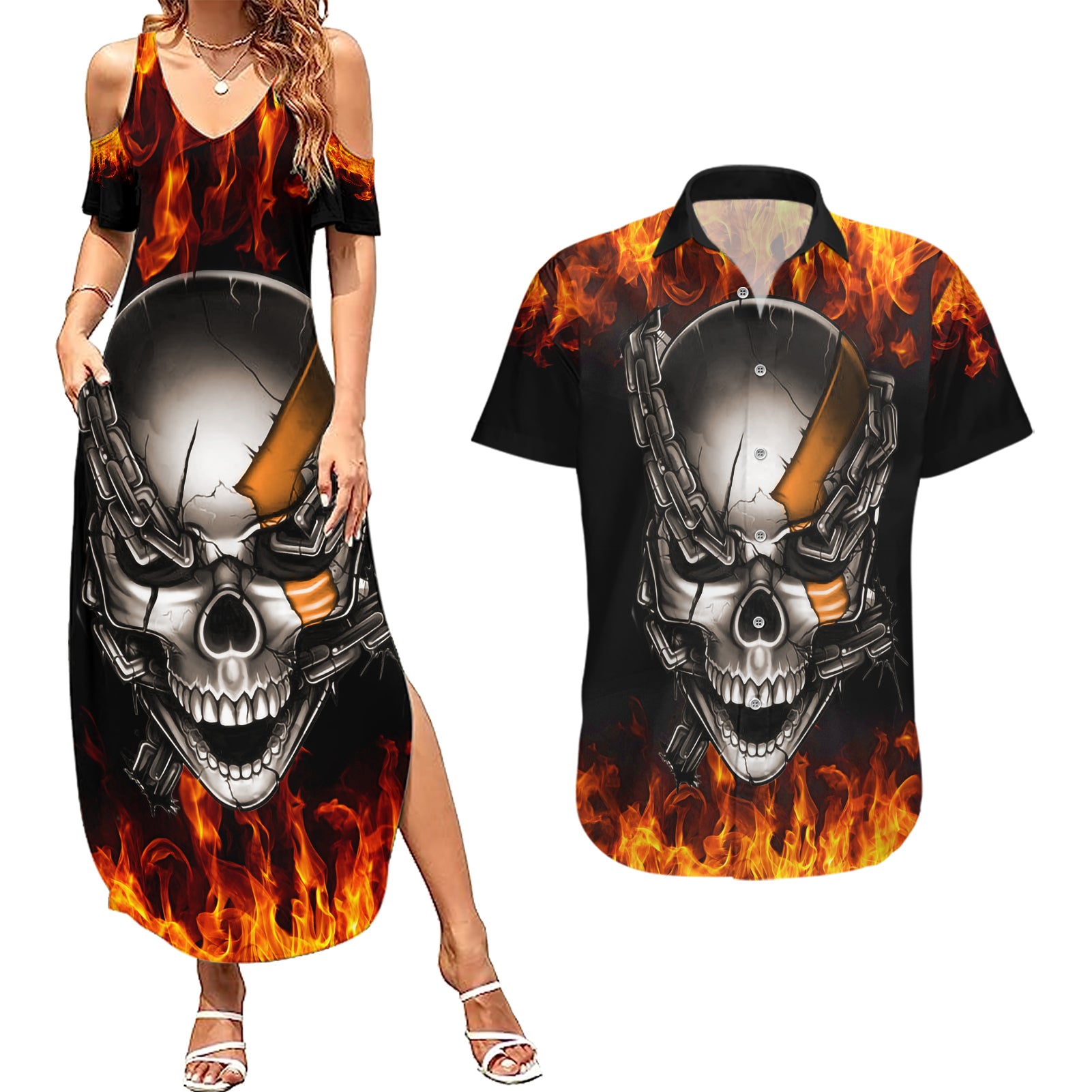 Metal Skull Couples Matching Summer Maxi Dress and Hawaiian Shirt Infernal Chains in Fiery Abyss - Wonder Print Shop