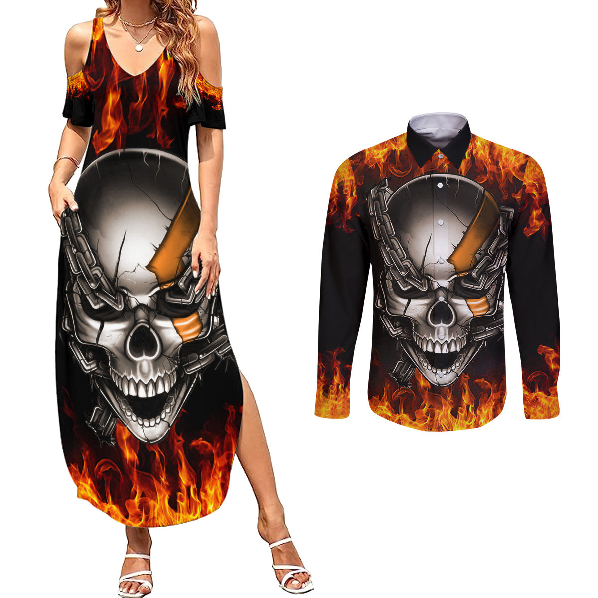 Metal Skull Couples Matching Summer Maxi Dress and Long Sleeve Button Shirts Infernal Chains in Fiery Abyss - Wonder Print Shop