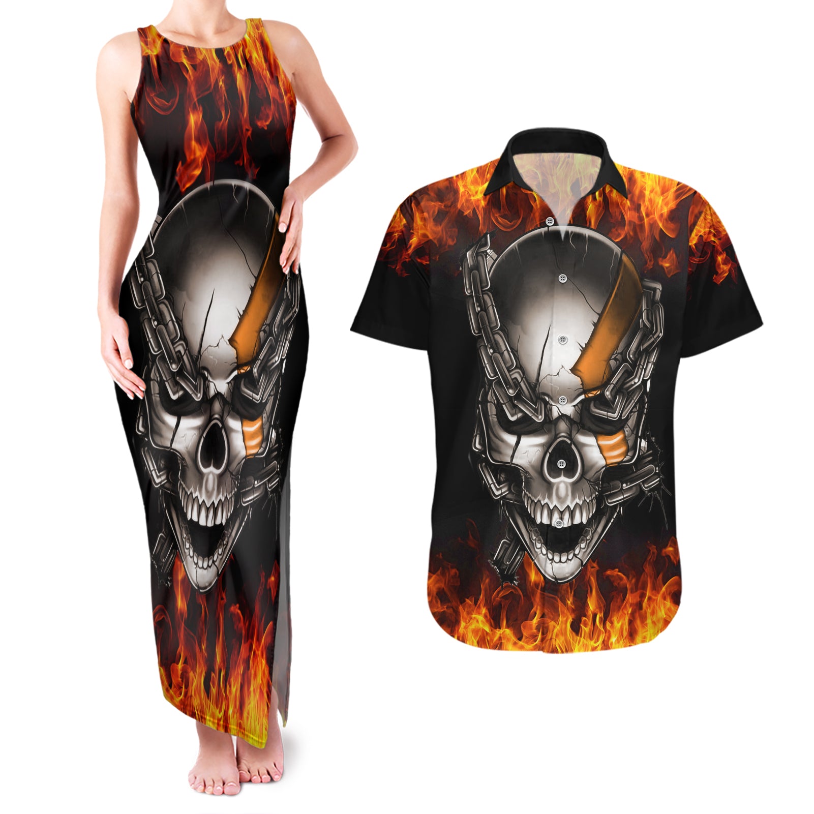 Metal Skull Couples Matching Tank Maxi Dress And Hawaiian Shirt Infernal Chains in Fiery Abyss - Wonder Print Shop