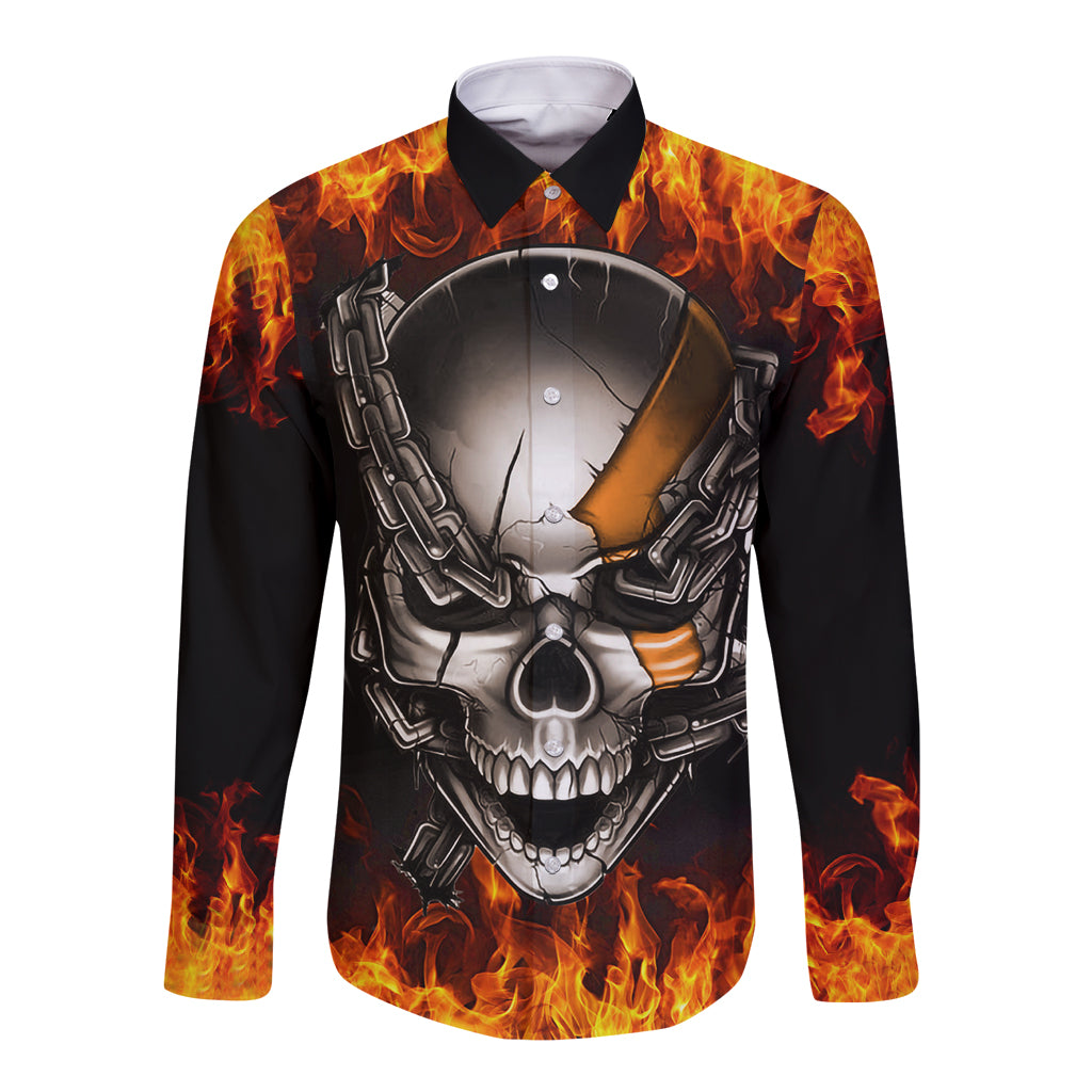Long-sleeve button shirt, black with fiery skull and metal chain graphic (front)