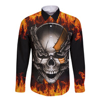 Long-sleeve button shirt, black with fiery skull and metal chain graphic (front)