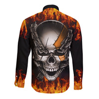 Long-sleeve button shirt, black with fiery skull and metal chain graphic (back)