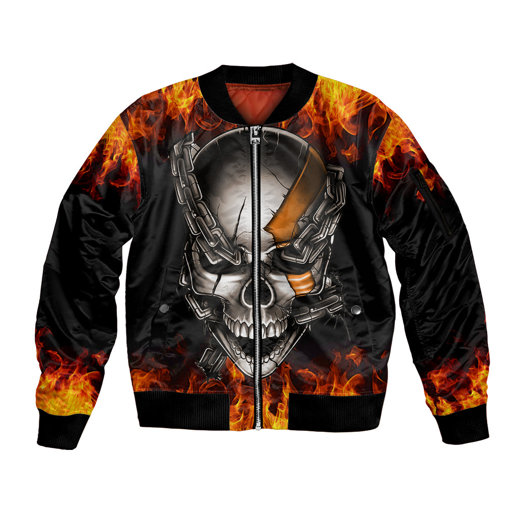 Metal Skull Sleeve Zip Bomber Jacket Infernal Chains in Fiery Abyss DT01