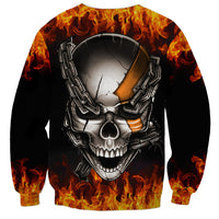 Unisex black pullover sweatshirt with flaming skull and metal chain graphic front