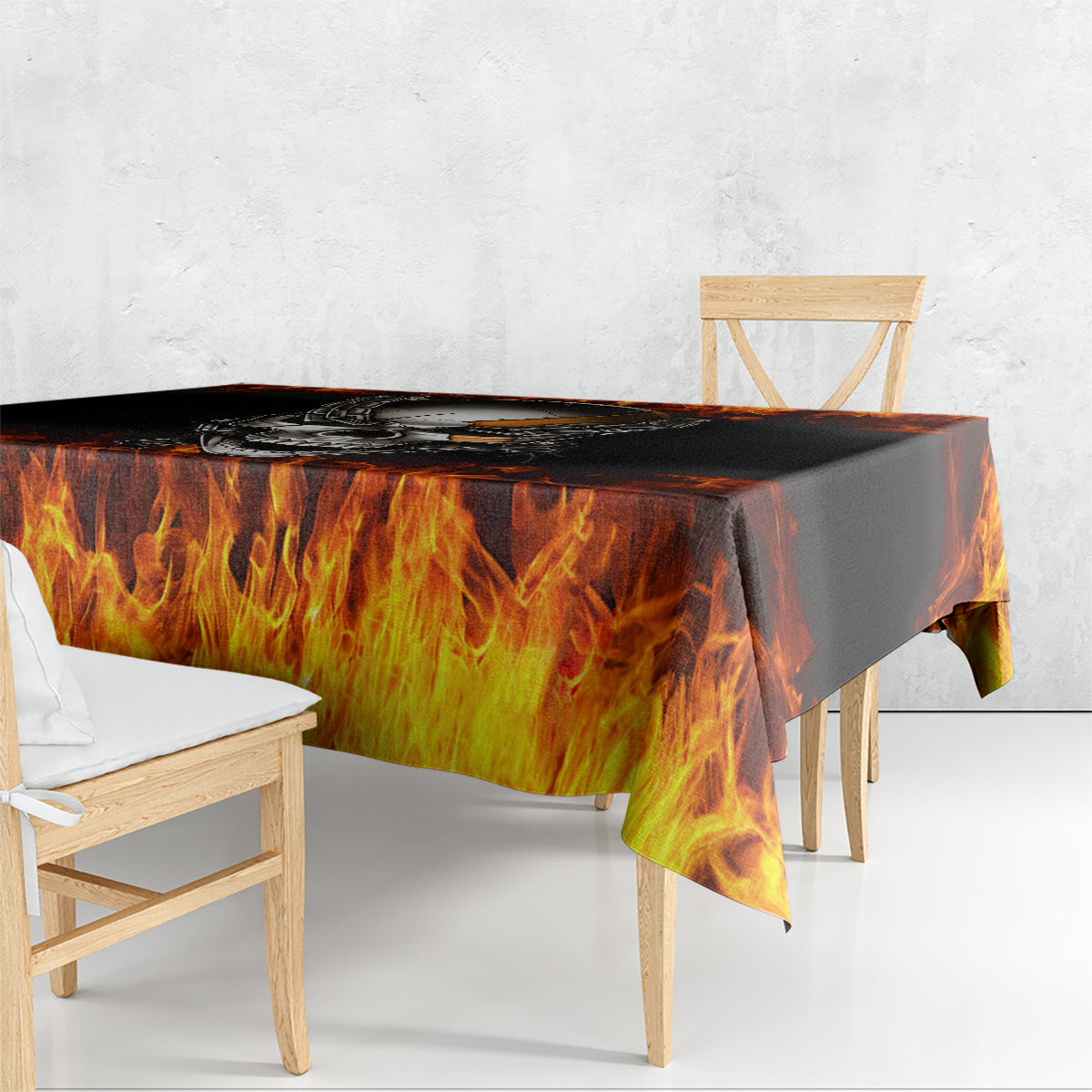 Black and orange flame tablecloth with drape over dining table