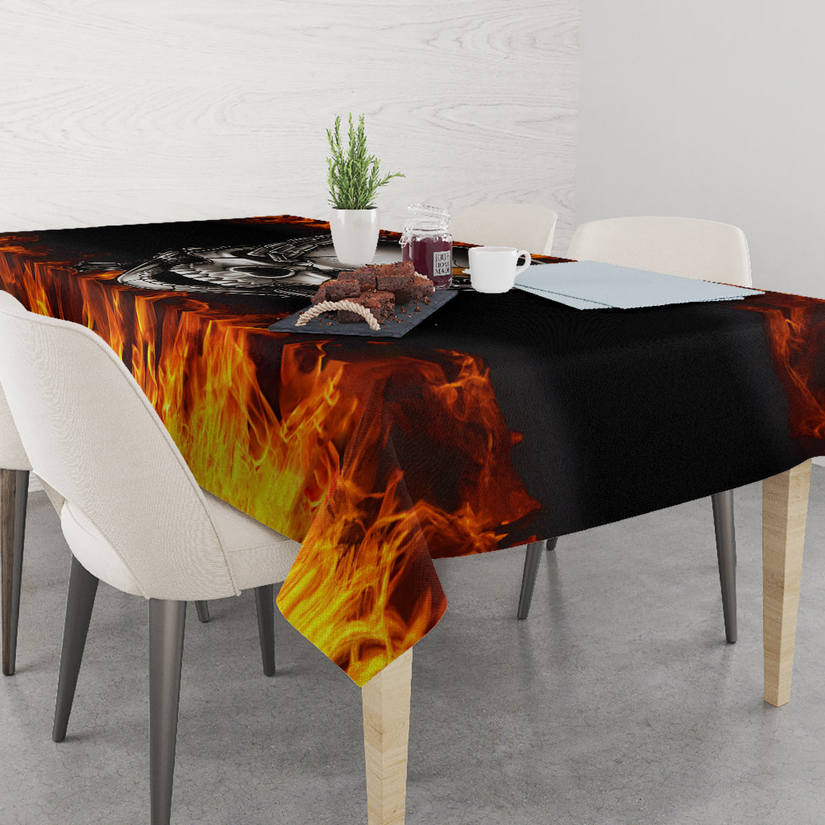 Black and orange flame tablecloth with burning edge design