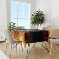 Black flame tablecloth with orange fire imagery across the surface
