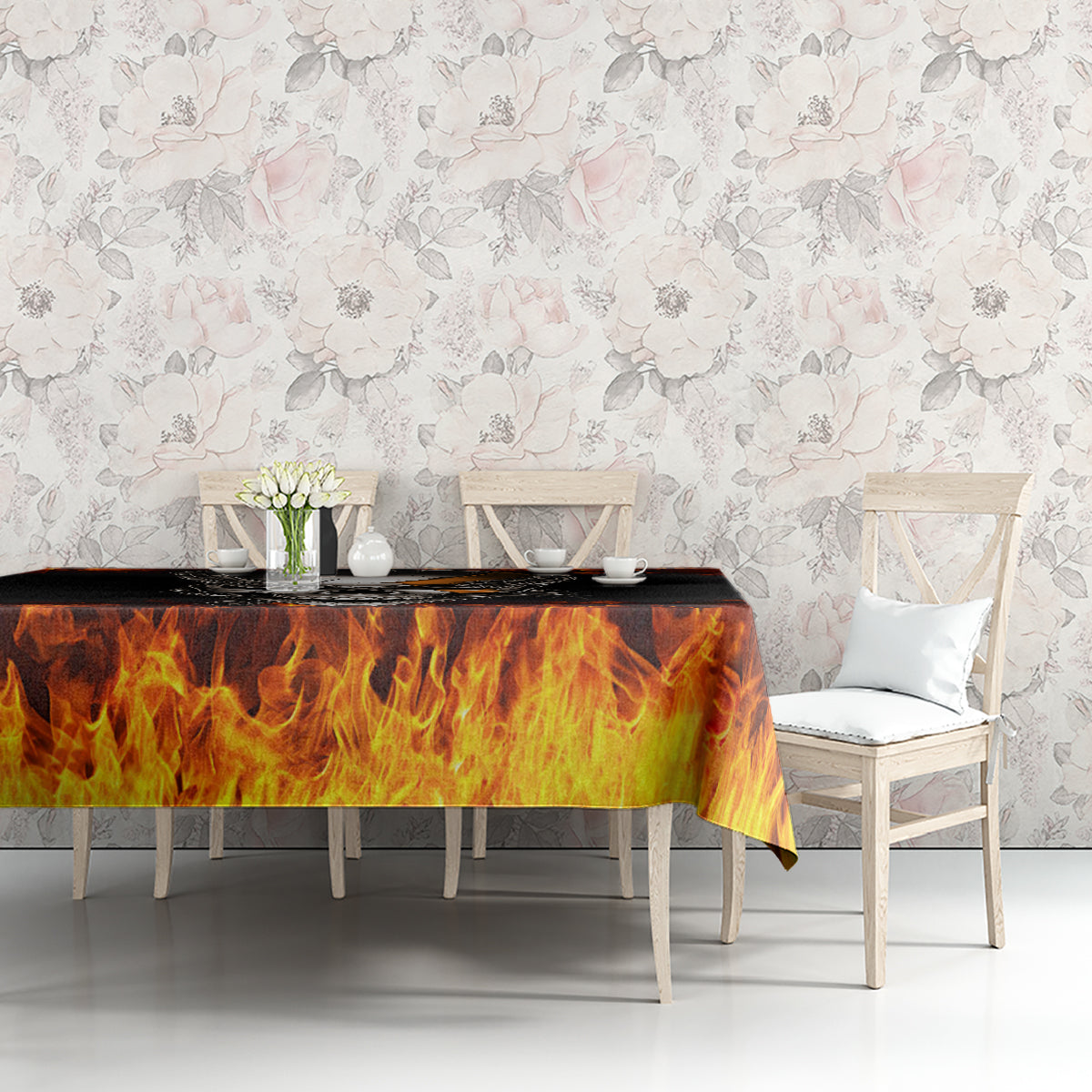 Black and orange flame tablecloth covering dining table