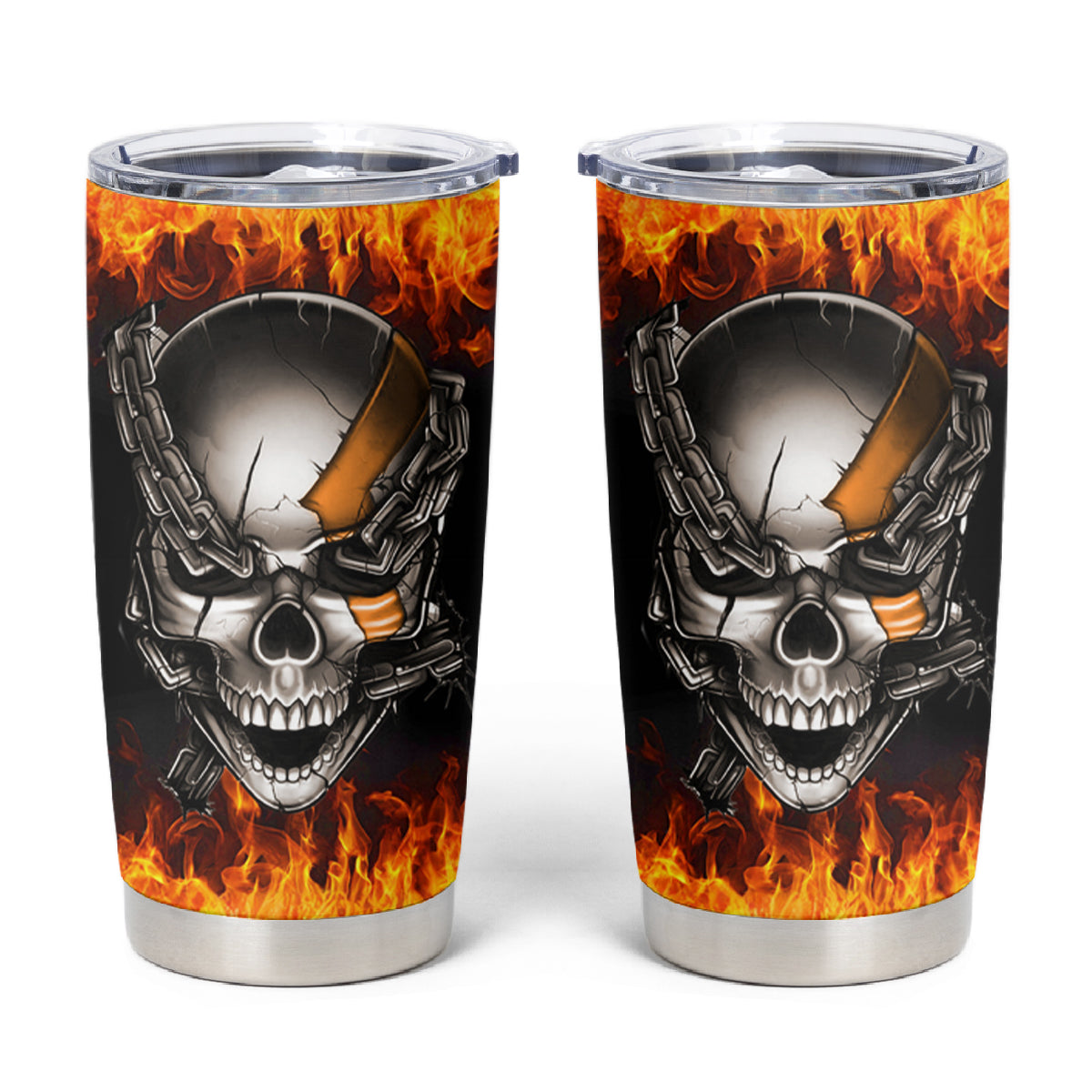 Metal Skull Tumbler Cup Infernal Chains in Fiery Abyss