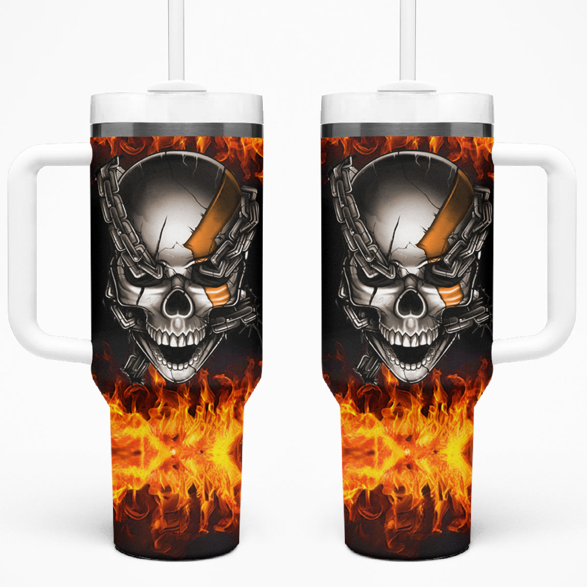 Metal Skull Tumbler With Handle Infernal Chains in Fiery Abyss