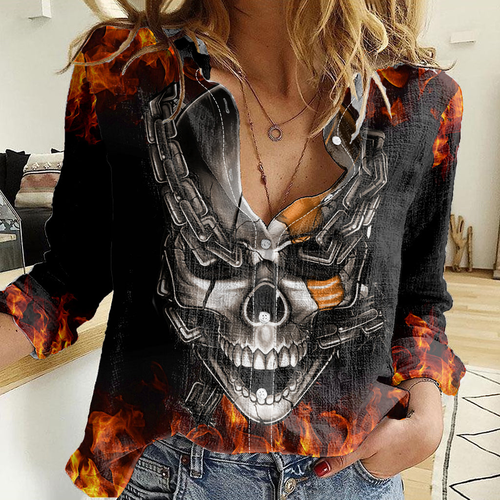 Metal Skull Women Casual Shirt Infernal Chains in Fiery Abyss DT01