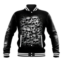Black baseball jacket with front skull graphic and striped ribbed collar/cuffs