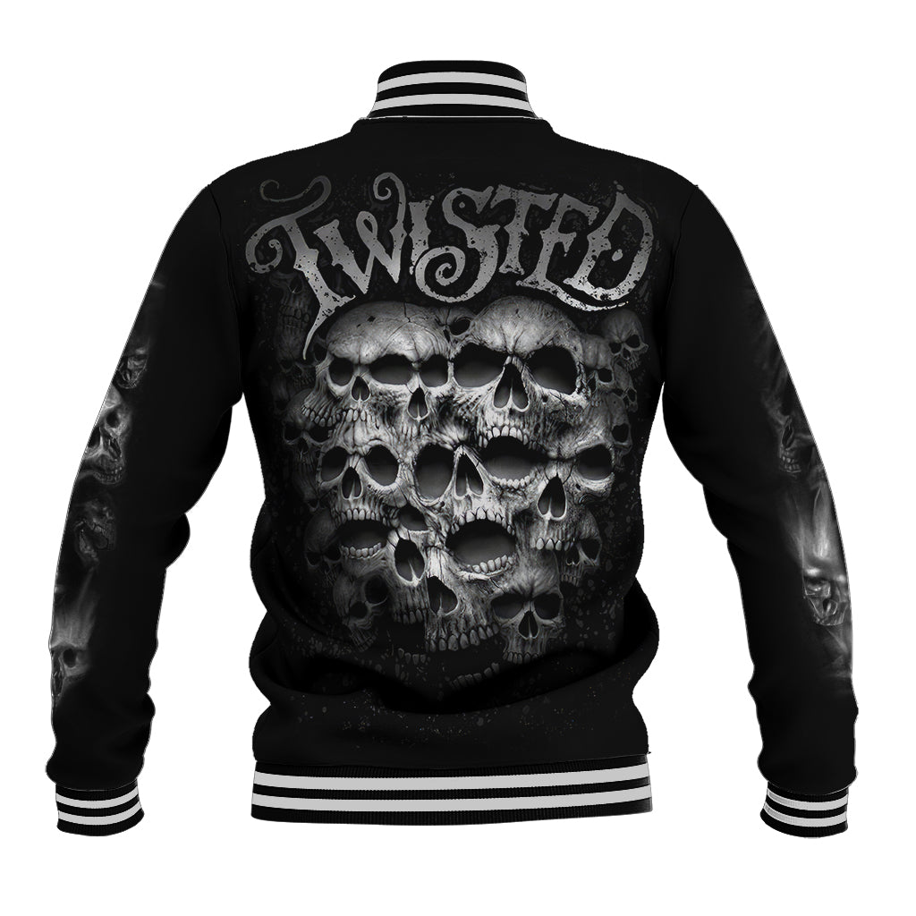 Black baseball jacket with back skull graphic and striped ribbed hem and collar