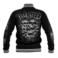 Black baseball jacket with back skull graphic and striped ribbed hem and collar