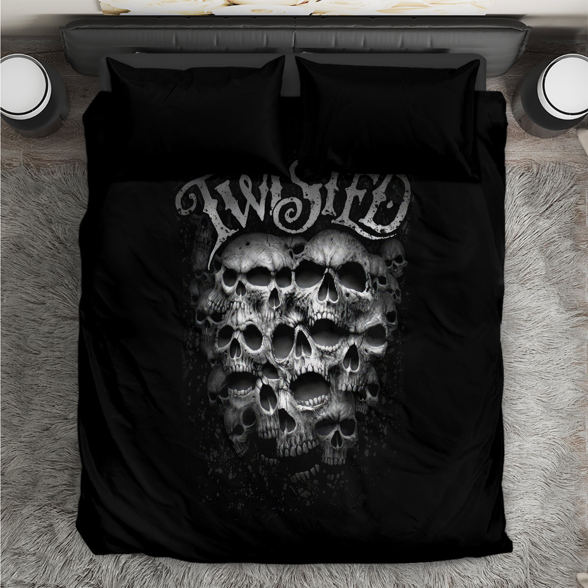 Black skull bedding set with two pillowcases, twisted lettering skull graphic on duvet