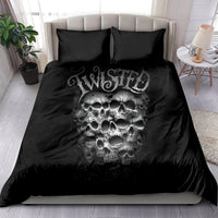 Black skull bedding set on bed, twisted lettering skull artwork with two pillowcases