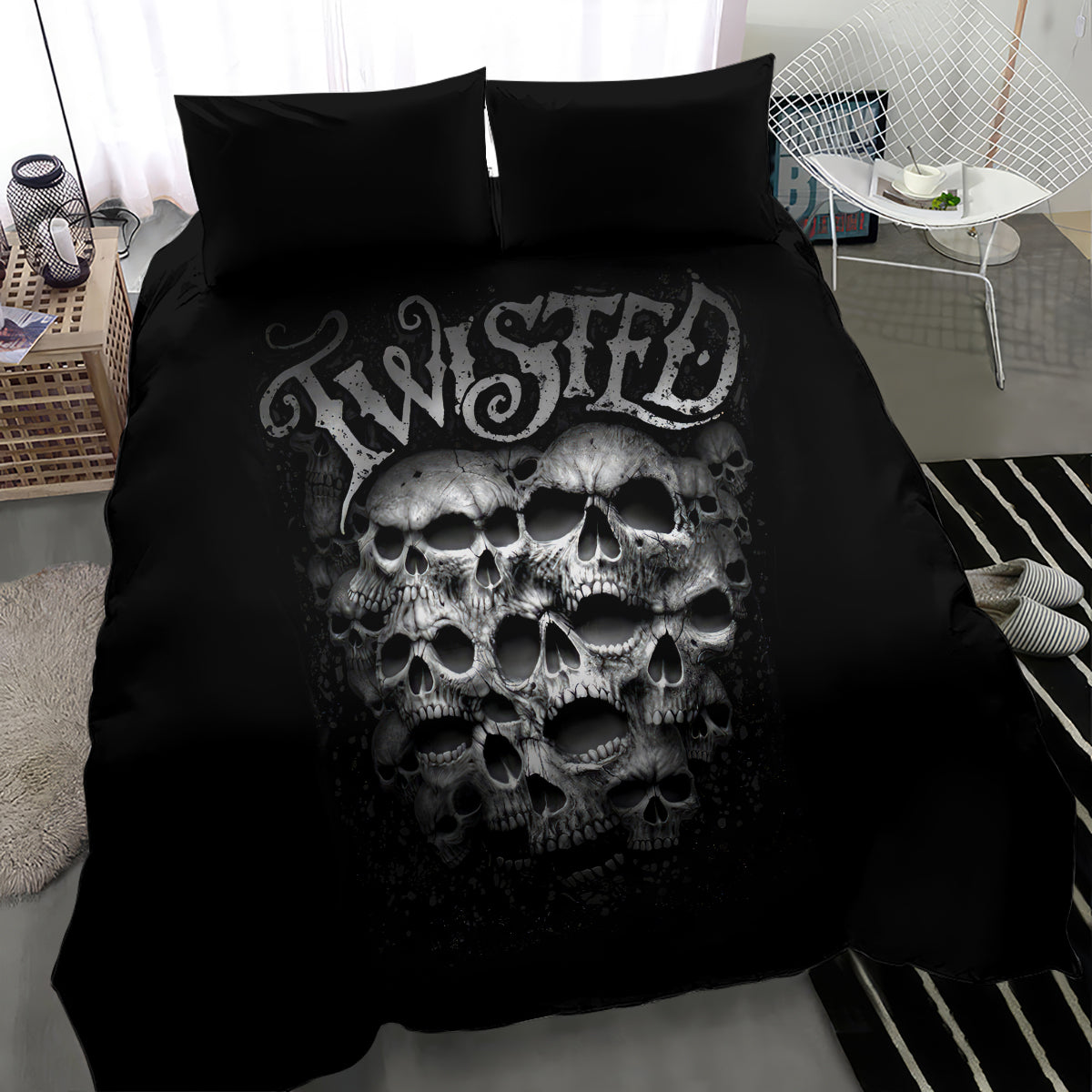 Black skull bedding set with duvet and two pillowcases, large skull print centered