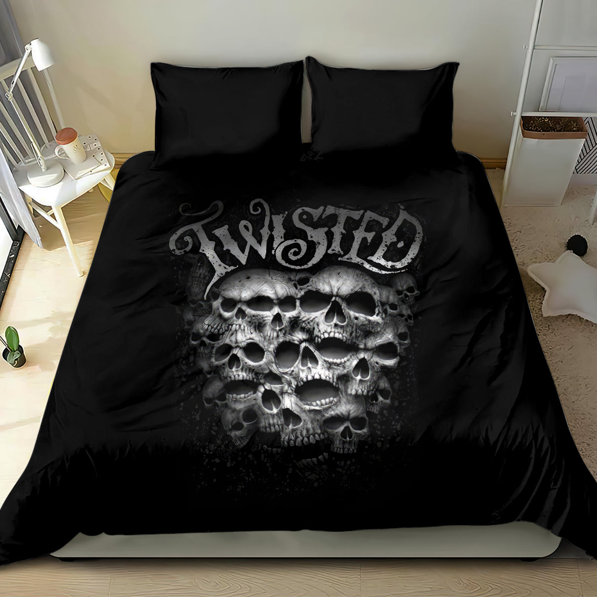 Black skull bedding set with duvet and two pillowcases, twisted lettering beneath skull