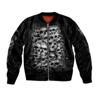 Black satin bomber jacket with front zip and large skull graphic