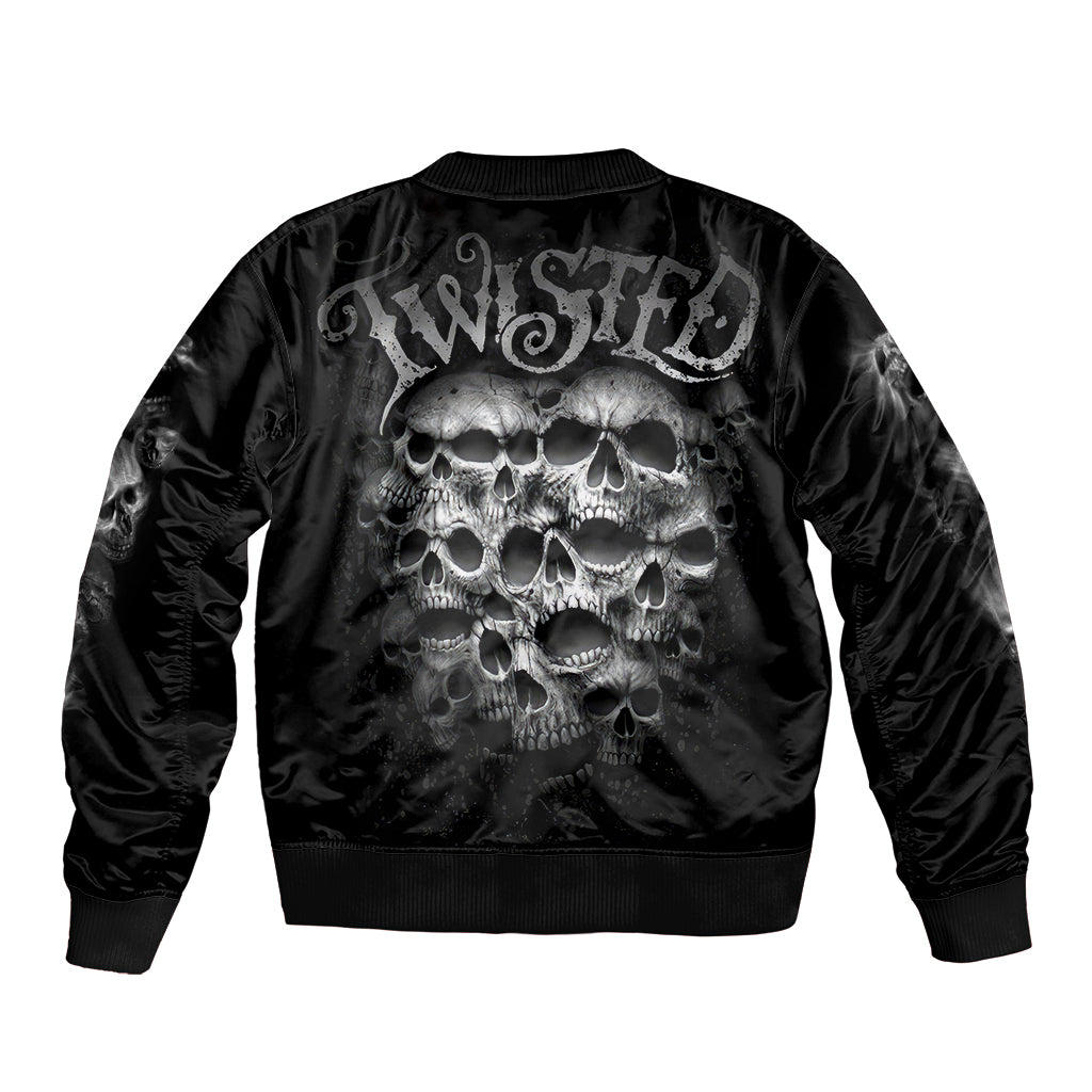 Black satin bomber jacket with back skull graphic and stylized text