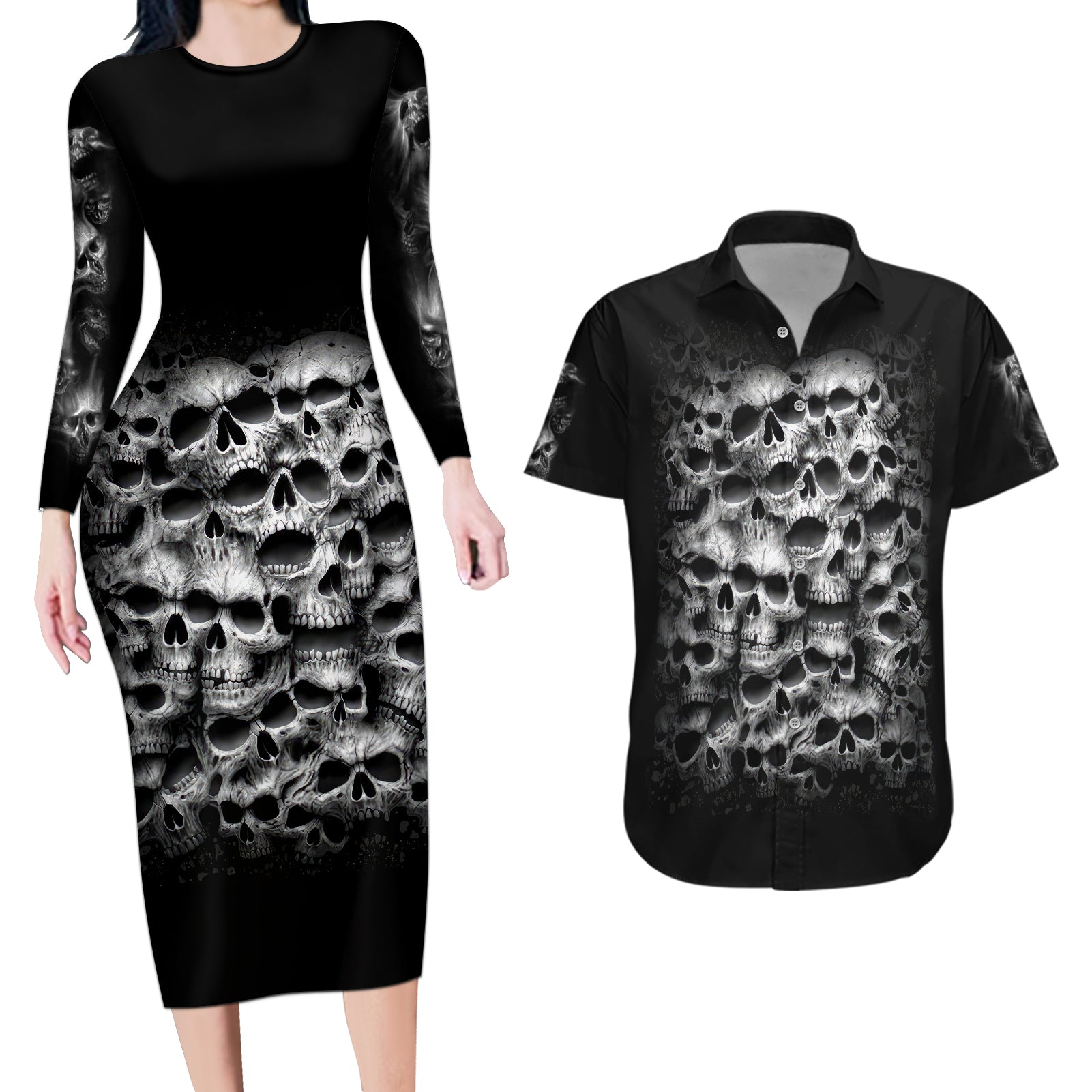 Skull Couples Matching Long Sleeve Bodycon Dress and Hawaiian Shirt Twisted Head Skull - Wonder Print Shop