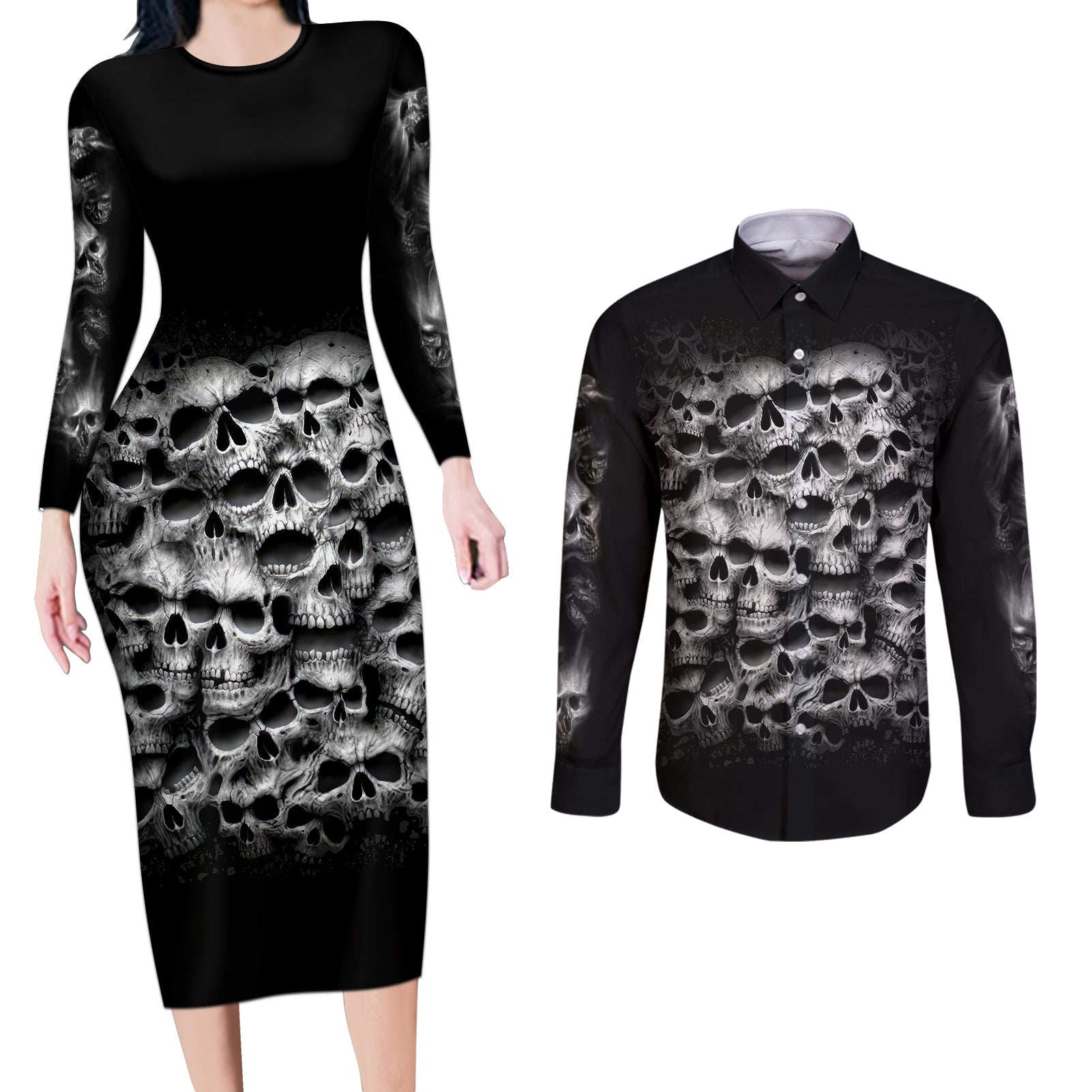 Skull Couples Matching Long Sleeve Bodycon Dress and Long Sleeve Button Shirts Twisted Head Skull - Wonder Print Shop