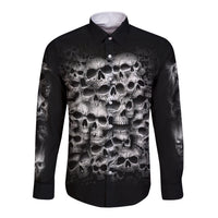 Black long-sleeve button shirt with large front skull graphic