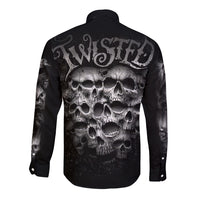 Black long-sleeve button shirt with back skull graphic and twisted lettering