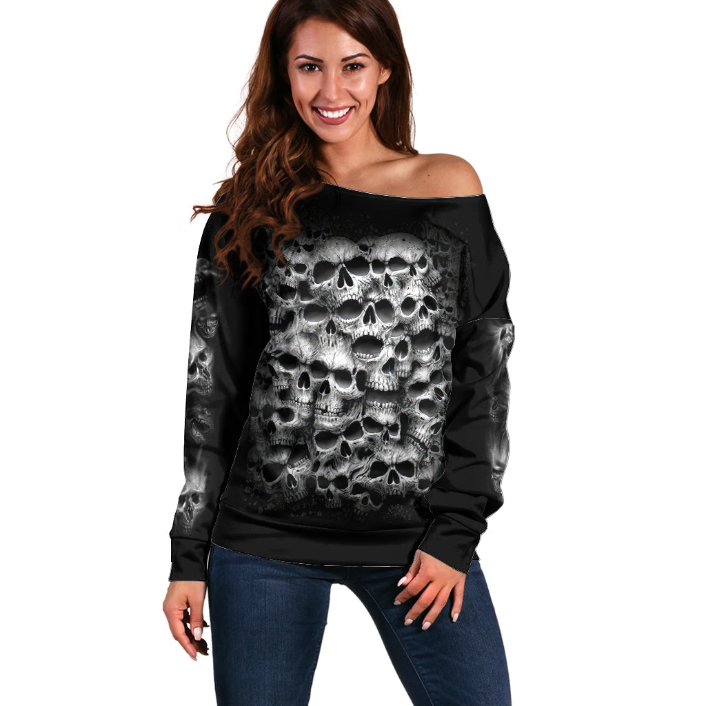 Skull Off Shoulder Sweater Twisted Head Skull - Wonder Print Shop