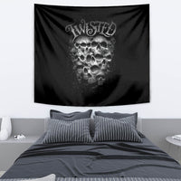 Black skull tapestry featuring twisted head skull illustration on hanging fabric.