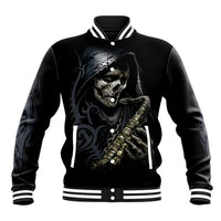 Black baseball jacket with ribbed collar, striped cuffs, skull sax graphic