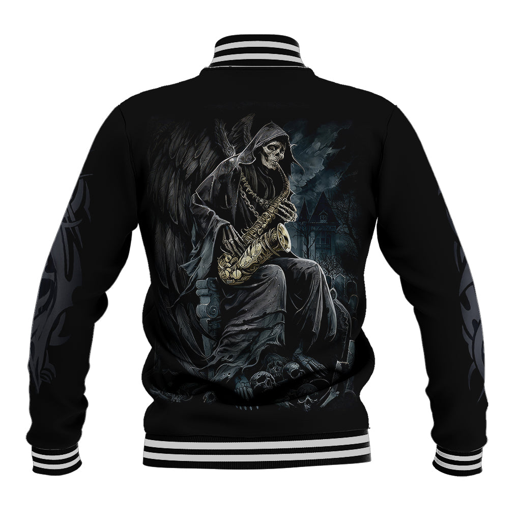 Black baseball jacket back with skull musician sax graphic and ribbed striped hem