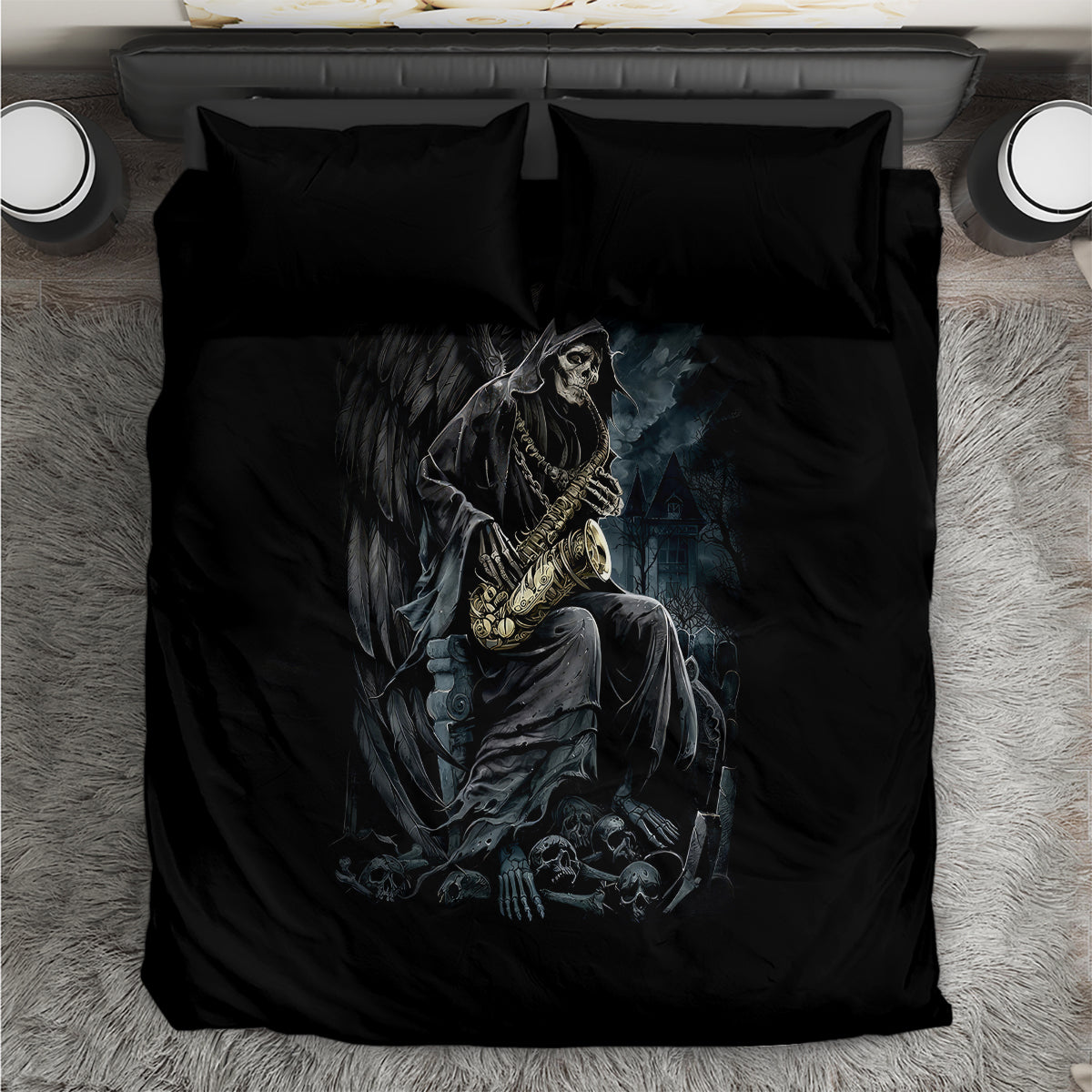 Black bedding set with skull musician print on duvet and two pillowcases