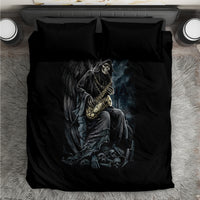 Black bedding set with skull musician print on duvet and two pillowcases