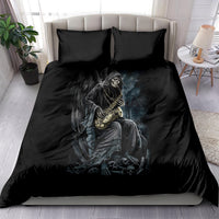 Black bedding set with skull musician artwork on duvet and two matching pillowcases