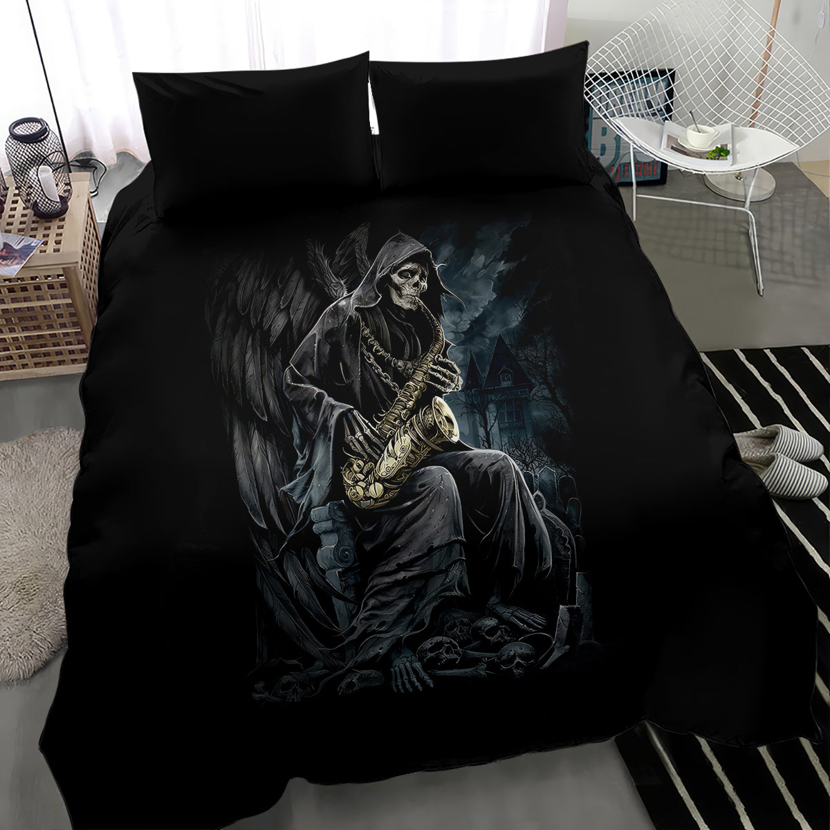 Black duvet and two pillowcases with skull musician graphic, full bed view