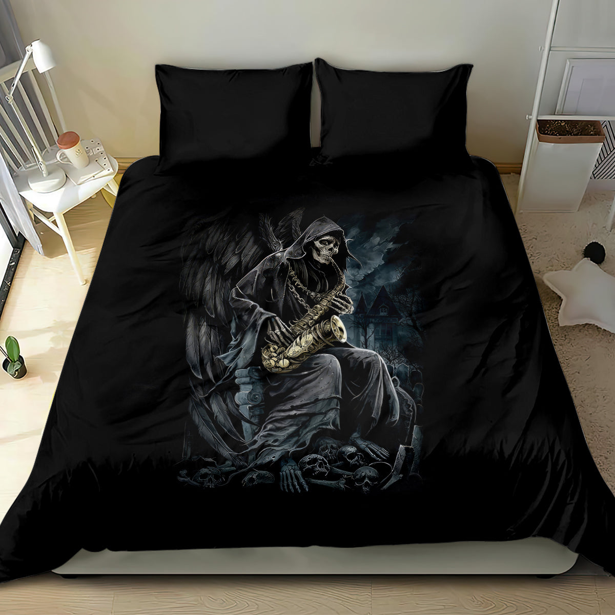 Black bedding set with skull musician artwork on duvet and two pillowcases