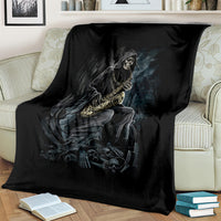 Black skull musician throw blanket over armchair, skeleton holding instrument in center print