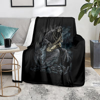 Black skull musician throw blanket on sofa seat, skeleton holding instrument with skull details