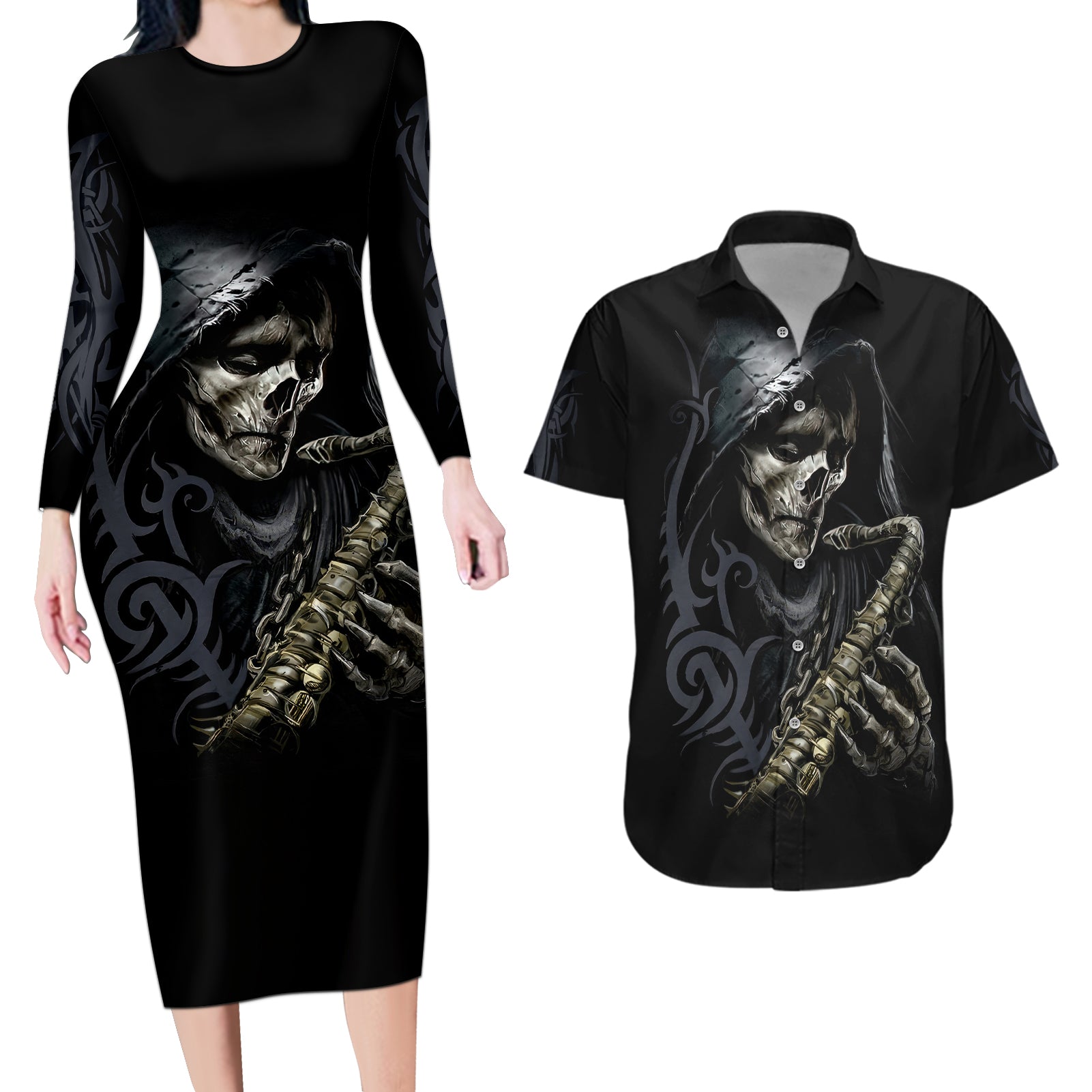 Skull Couples Matching Long Sleeve Bodycon Dress and Hawaiian Shirt Musician Of Death - Wonder Print Shop