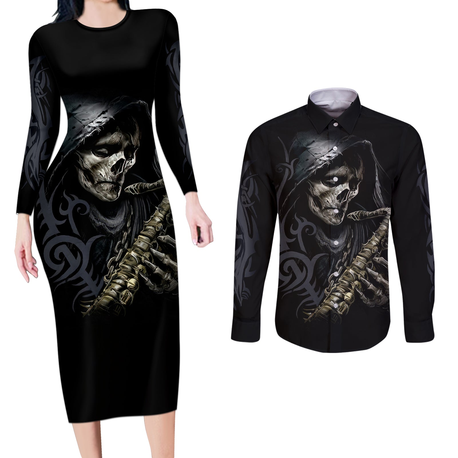 Skull Couples Matching Long Sleeve Bodycon Dress and Long Sleeve Button Shirts Musician Of Death - Wonder Print Shop