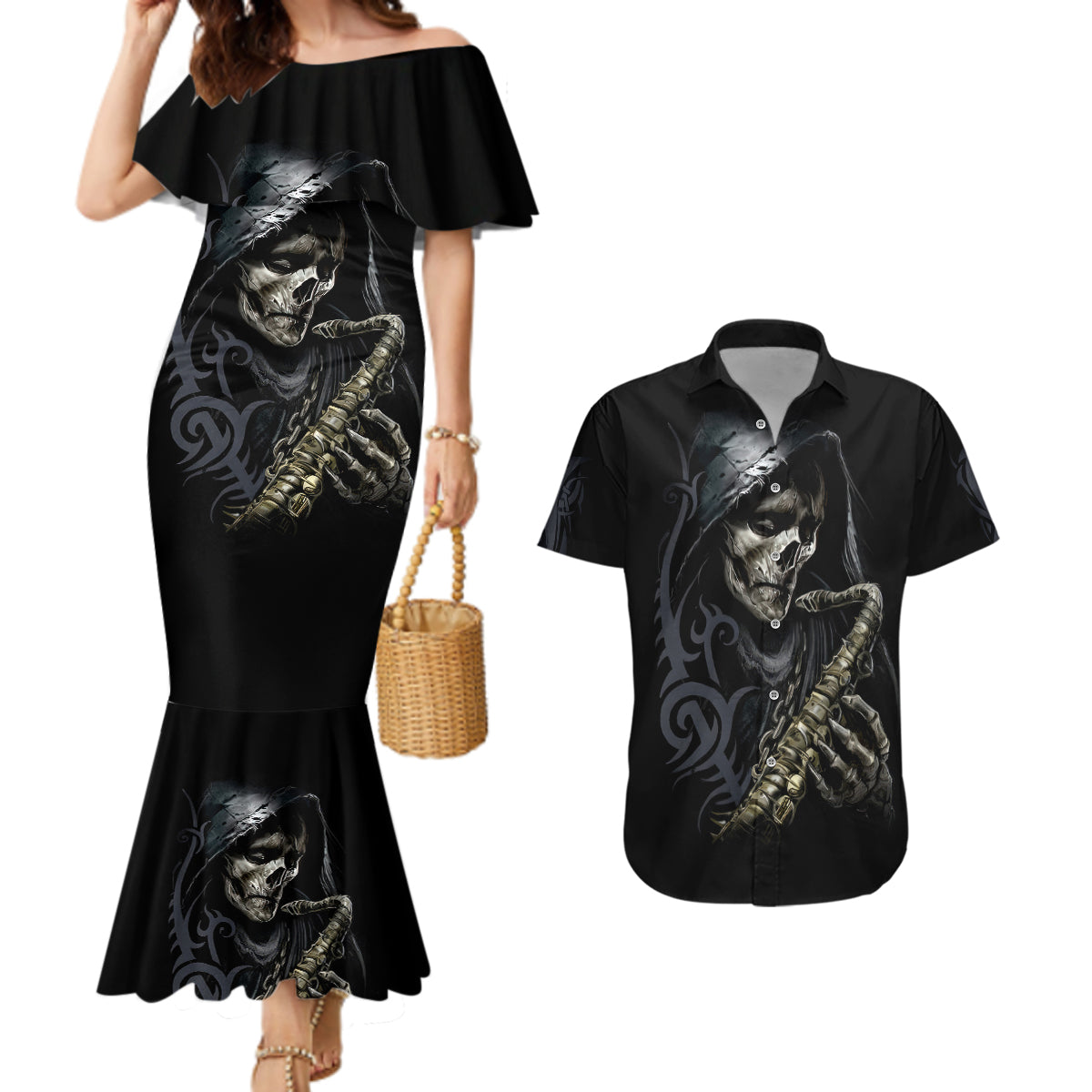 Skull Couples Matching Mermaid Dress And Hawaiian Shirt Musician Of Death - Wonder Print Shop