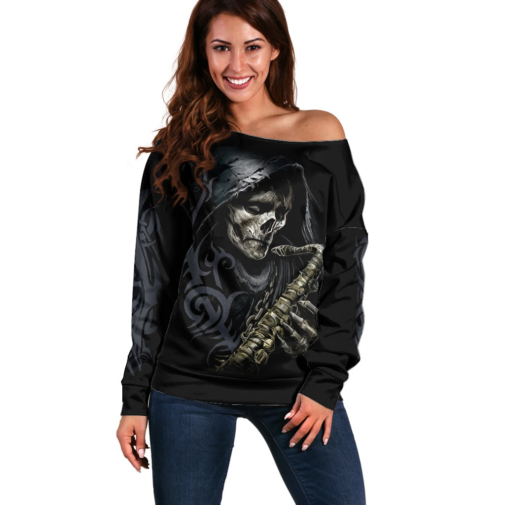 Skull Off Shoulder Sweater Musician Of Death - Wonder Print Shop