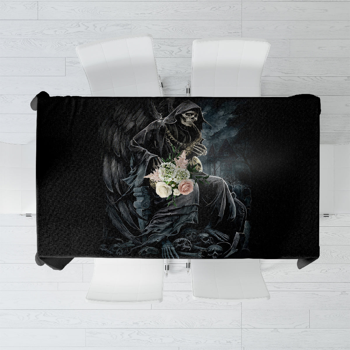 Black tablecloth with skull musician graphic and floral accents