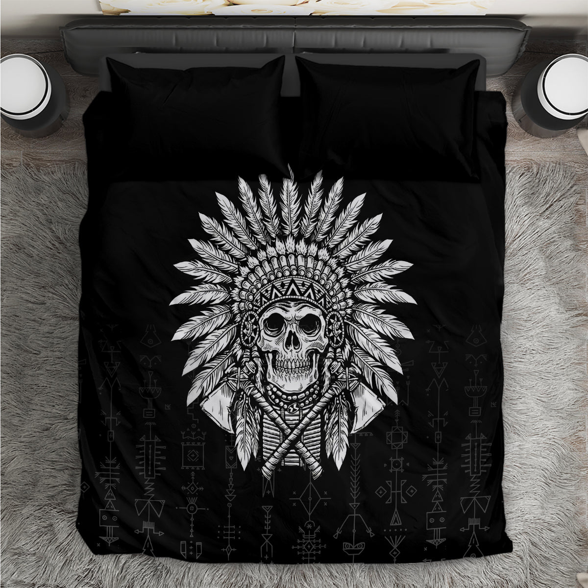 Black bedding set with skull headdress print on duvet cover and pillowcases