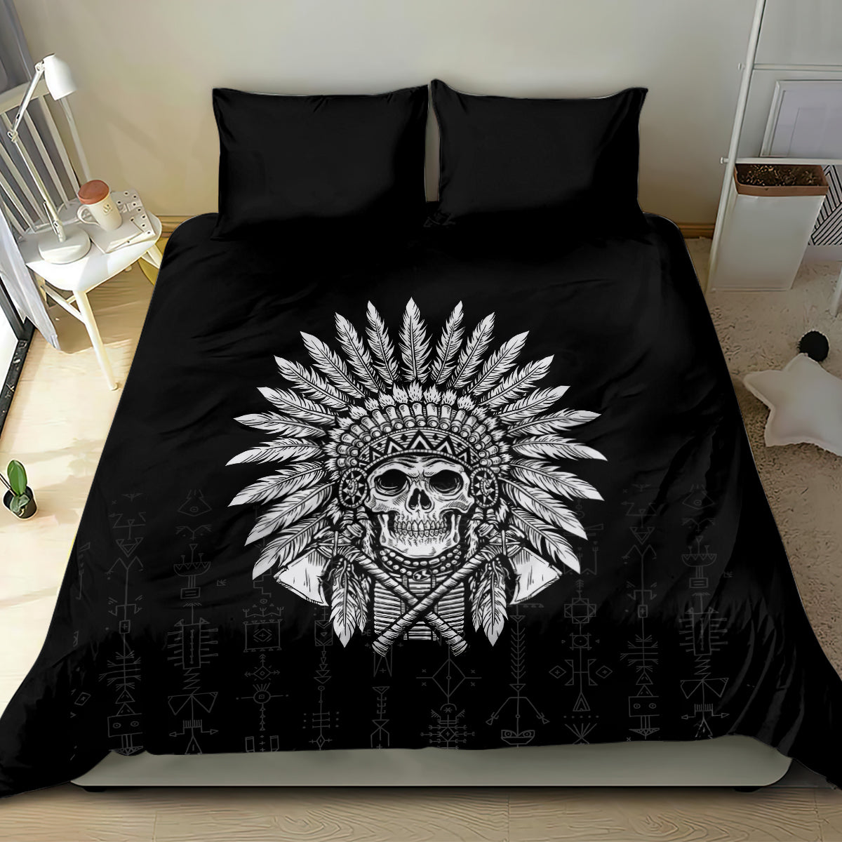 Black bedding set featuring a skull headdress print on duvet cover and pillowcases